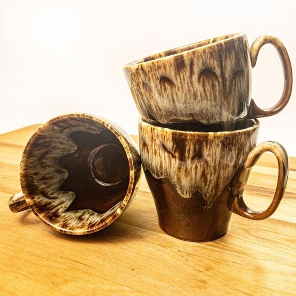 Vtg Brown Drip Glaze Coffee Cups Set of 3 - Picture 1 of 8